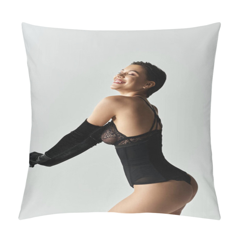 Personality  A Woman In Black Lingerie Smiles While Posing In Front Of A White Backdrop. Pillow Covers