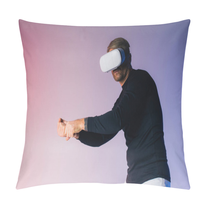 Personality  A Man Wearing A Virtual Reality Headset In A Studio Setting, Fully Engrossed In The Digital World. Pillow Covers