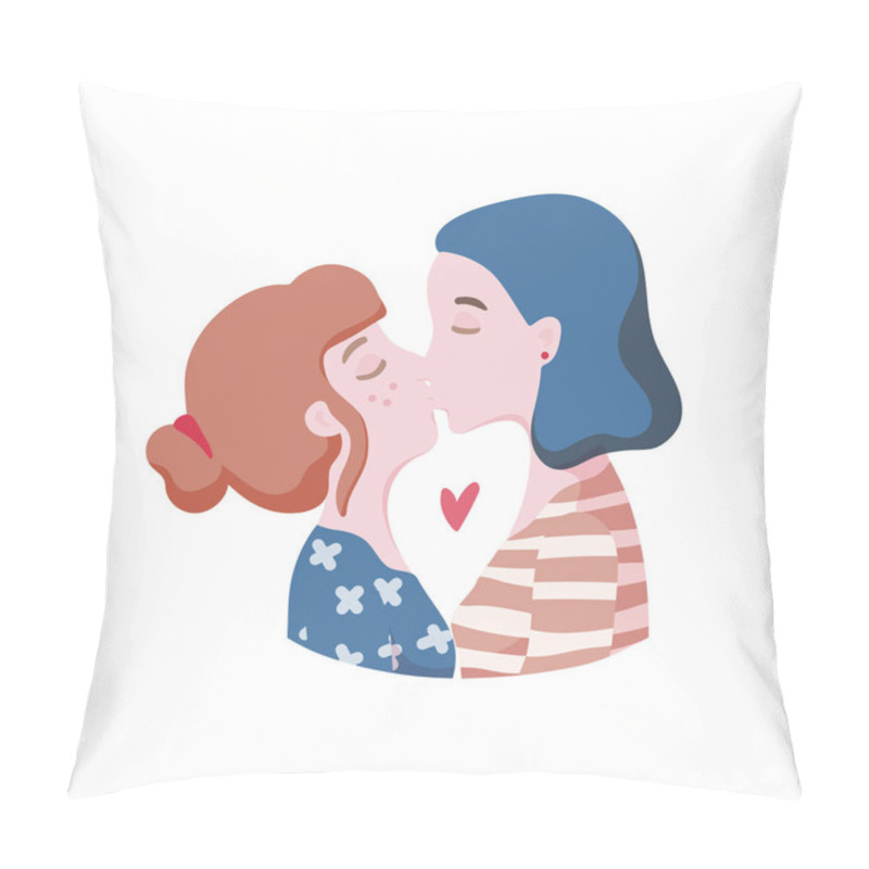 Personality  Lesbian Women In Love. Romantic Couple Kissing. Cartoon Hand Drawn Style Pillow Covers