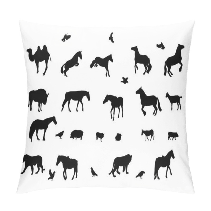 Personality  Silhouette Of Wild And Domestic Animals, Bird. Black & White. Pillow Covers