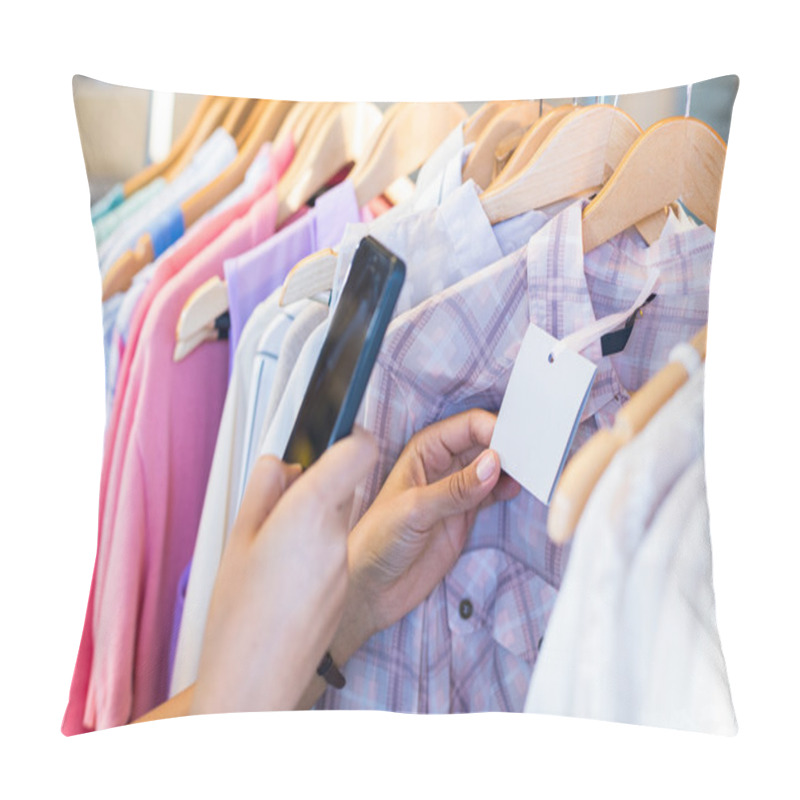 Personality  Woman Scanning Bar Code With Her Mobile Phone Pillow Covers