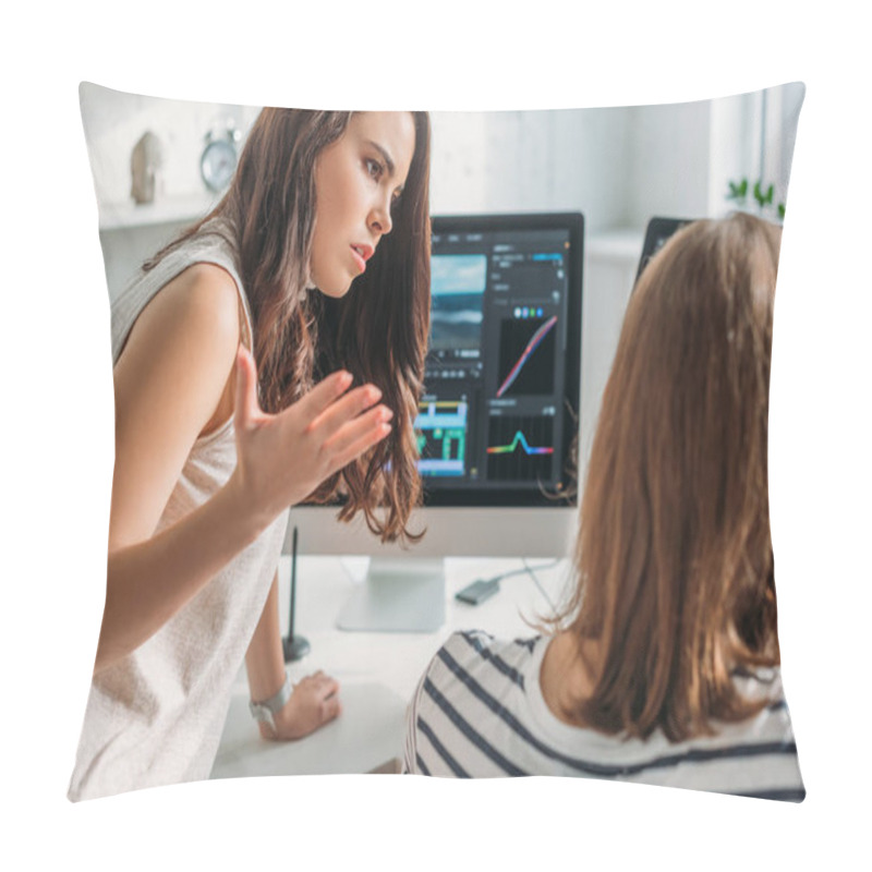 Personality  Selective Focus Of Displeased Editor Looking At Coworker  Pillow Covers