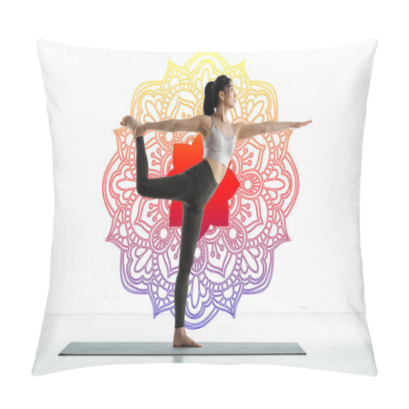 Personality  Asian Woman Practicing Yoga On Yoga Mat Near Mandala Ornament On White  Pillow Covers