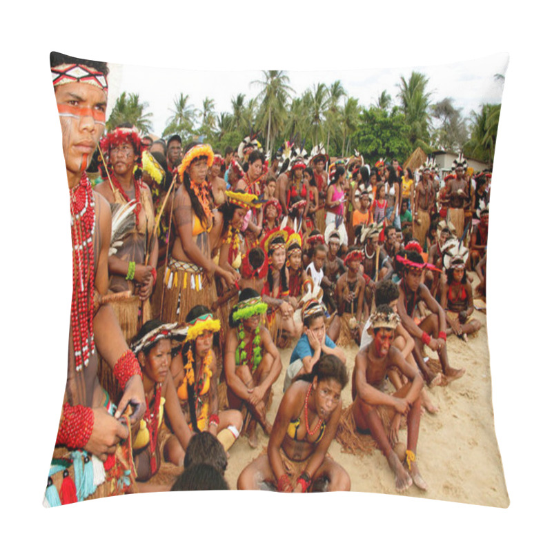 Personality  Santa Cruz Cabralia, Bahia / Brazil - April 21, 2009: Indians Of The Pataxo Ethnic Group Participate In The Indigenous Games In The Coroa Vermelha Village In The City Of Santa Cruz Cabralia. Pillow Covers