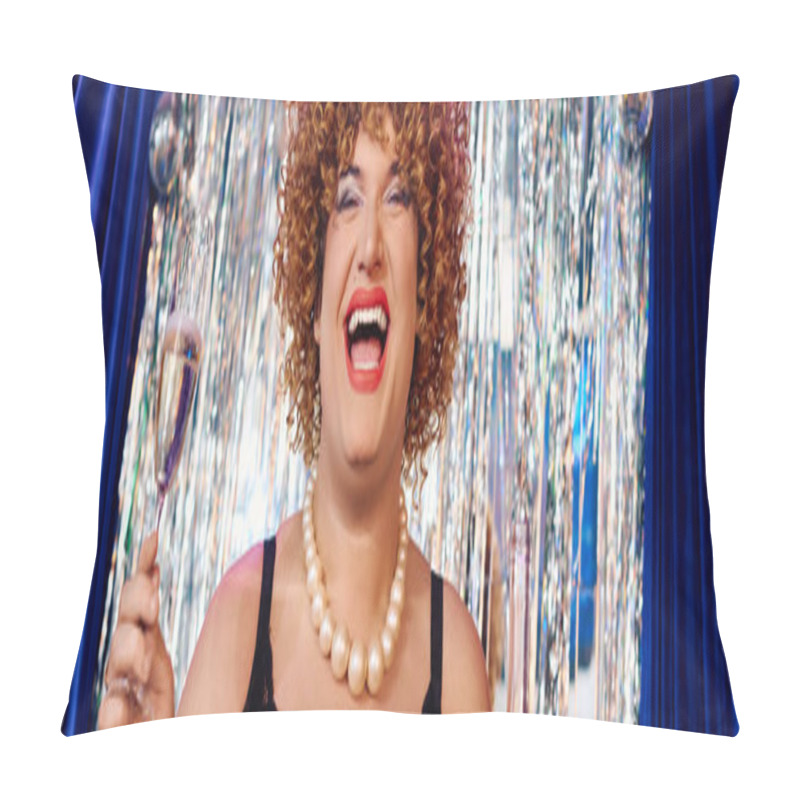 Personality  A Drag Queen With Bold Makeup Joyfully Entertains The Audience On Stage During A Holiday Event. Pillow Covers