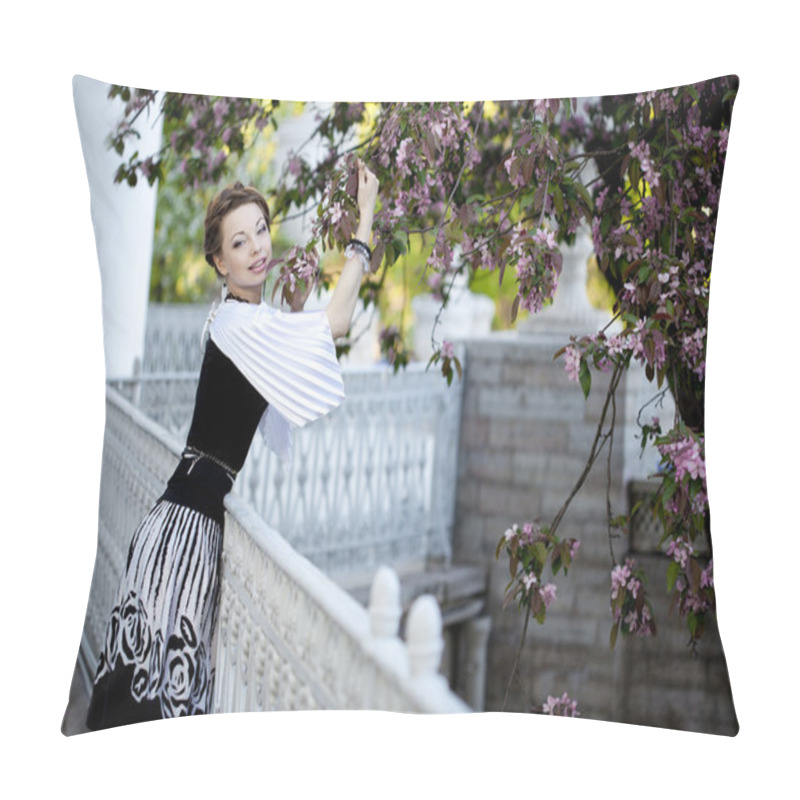 Personality  Woman With A Hair Braid In A Blossoming Park. Pillow Covers