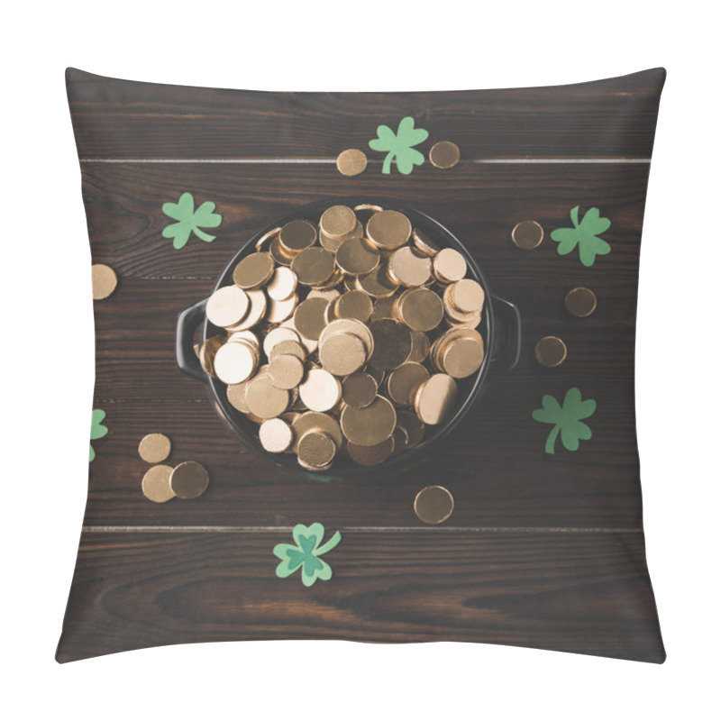 Personality  Top View Of Pot With Golden Coins And Shamrock On Wooden Table, St Patricks Day Concept Pillow Covers