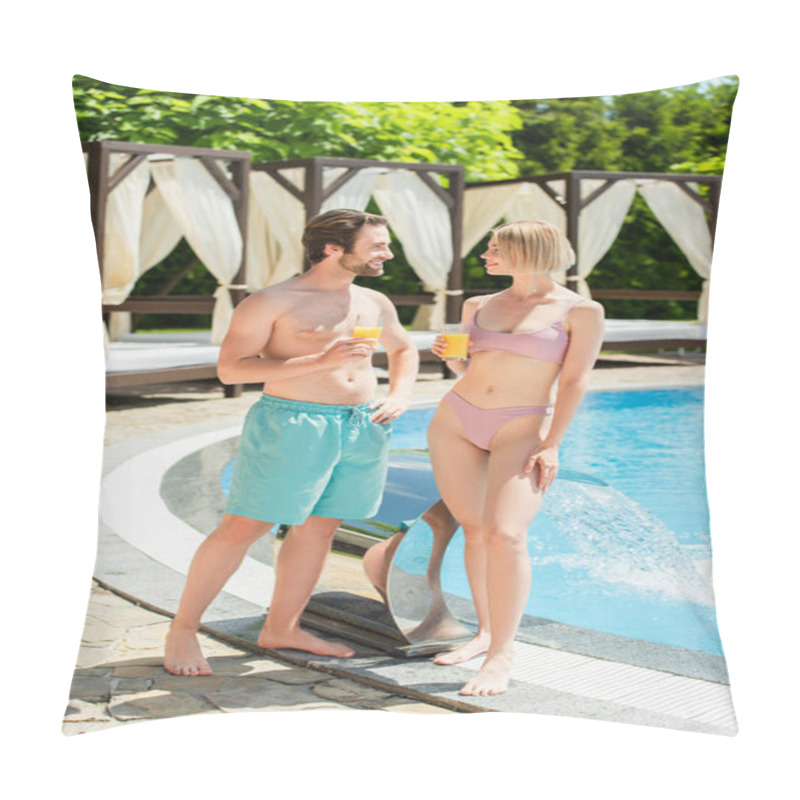 Personality  Side View Of Couple Holding Orange Juice Near Fountain And Swimming Pool  Pillow Covers