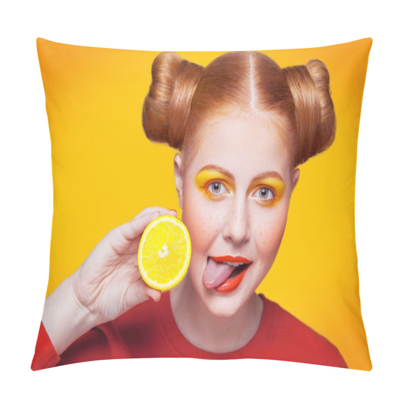 Personality  Young Beautiful Fashion Model With Lemon. Studio Shot. Pillow Covers