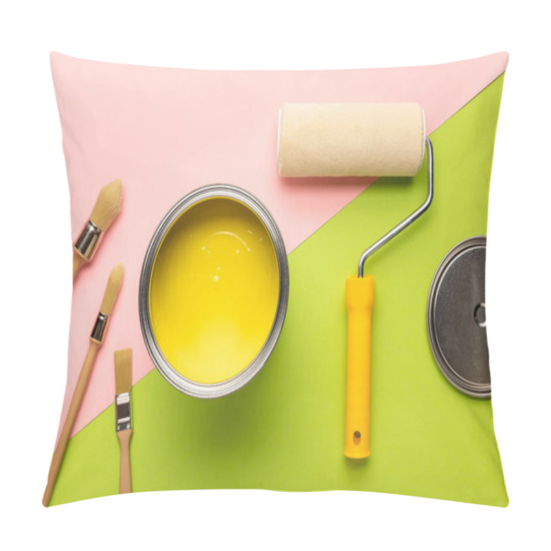 Personality  Top View Of Tin With Yellow Paint, Brushes And Paint Roller On Pink And Green Surface Pillow Covers