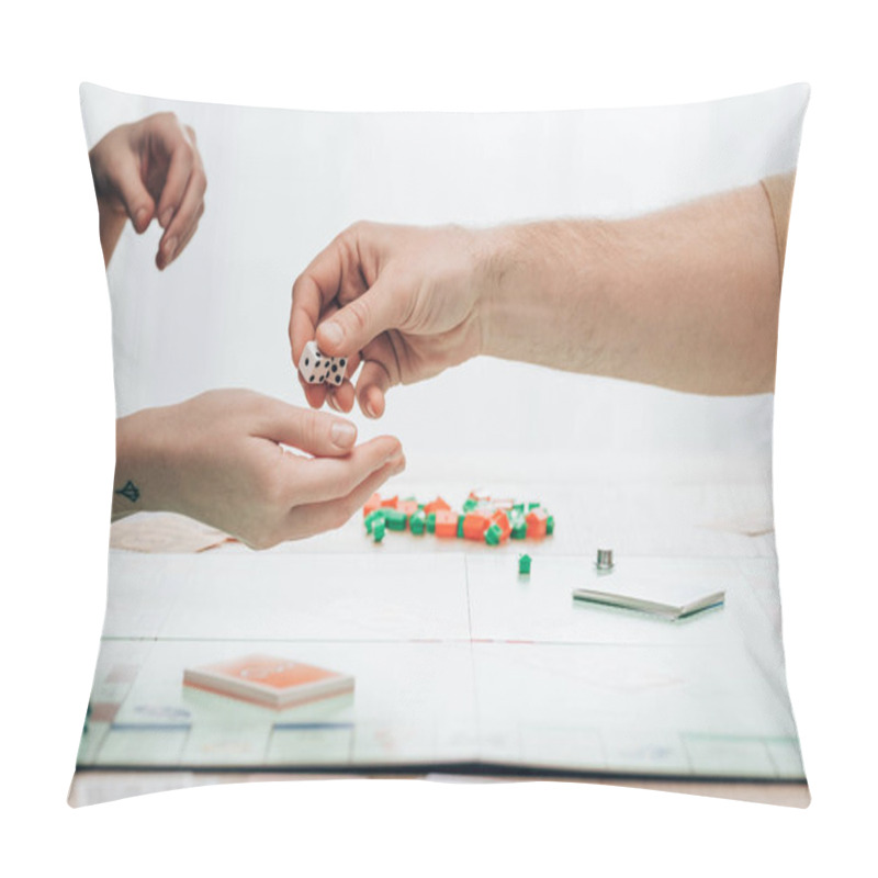 Personality  KYIV, UKRAINE - NOVEMBER 15, 2019: Cropped View Of Man Giving To Woman Playing Dices With Monopoly Game On Table Pillow Covers