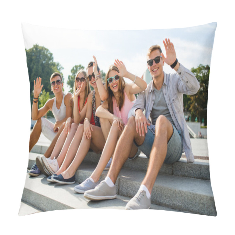 Personality  Group Of Smiling Friends Sitting On City Street Pillow Covers