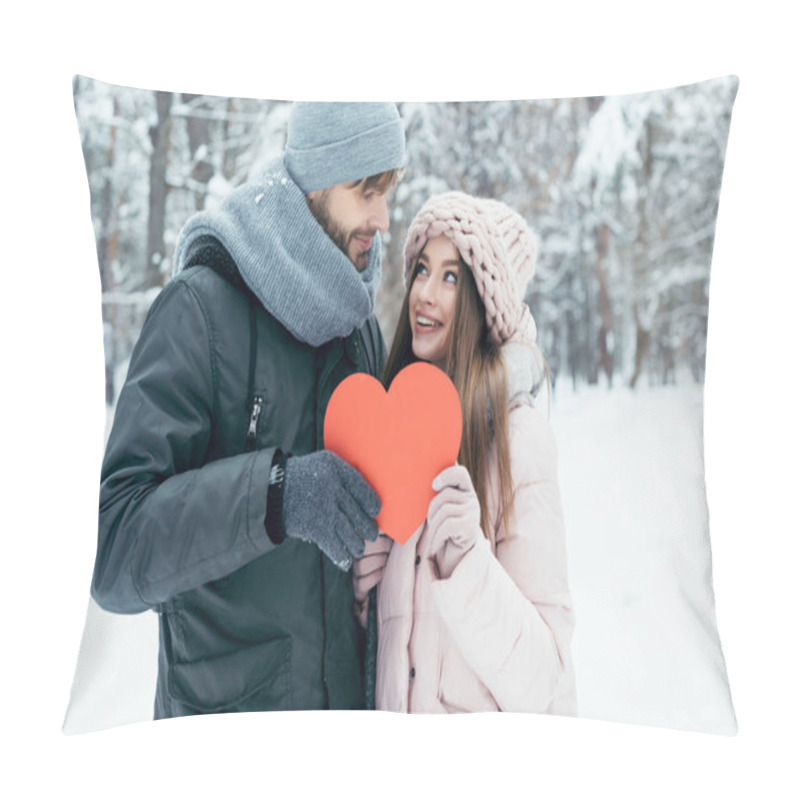 Personality  Portrait Of Young Couple Holding Red Heart In Hands Together In Winter Park Pillow Covers