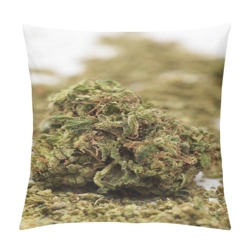 Personality  Macro Shot Of Marijuana Bud, White Background. Pillow Covers