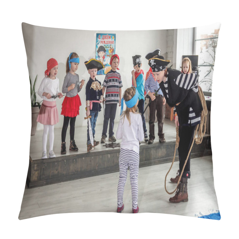 Personality  RUSSIA, YAROSLAVL - 17 FEB. 2018: Happy Group Of Children At A Birthday Celebration Dressed In The Style Of Pirates With An Animator, Contests And Bubbles Play Games In A Large Room With Loft Style Pillow Covers