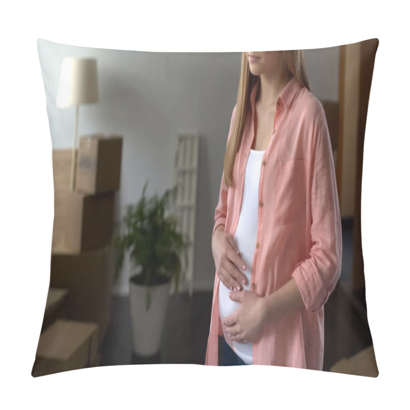 Personality  Sorrowful Pregnant Woman Looking At Boxes With Things, Husband Leaving Family Pillow Covers