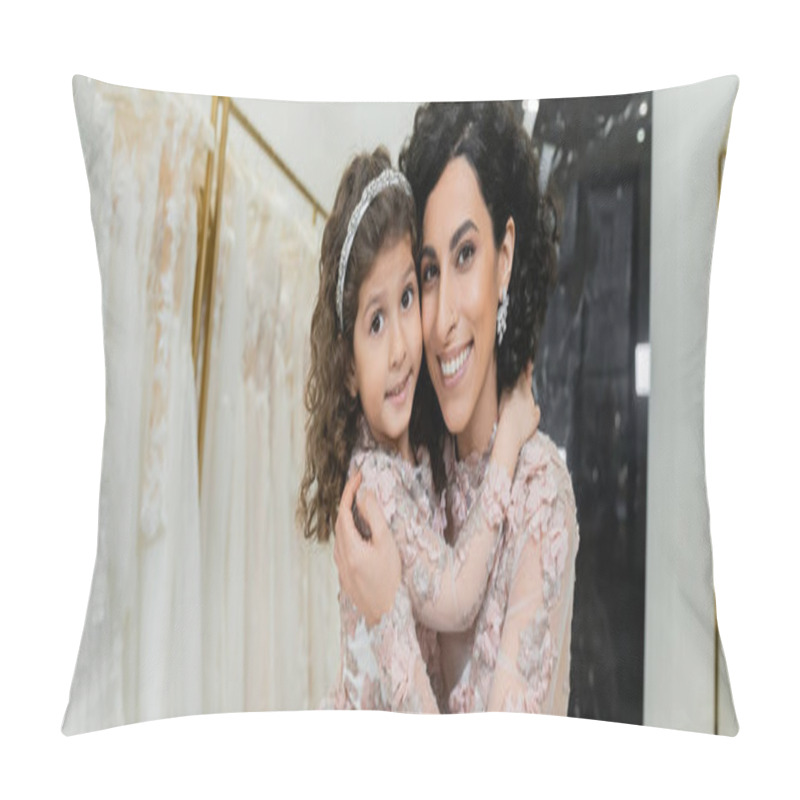 Personality  Brunette Middle Eastern Woman With Wavy Hair In Stunning Wedding Dress Hugging Cute Daughter In Cute Floral Attire In Bridal Salon, Shopping, Happiness, Special Moment, Togetherness, Banner Pillow Covers