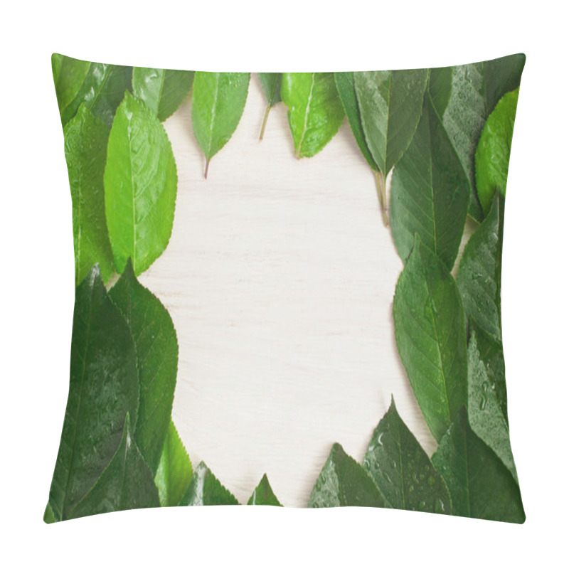 Personality  Frame Of Green Leaves, White Wooden Background Pillow Covers