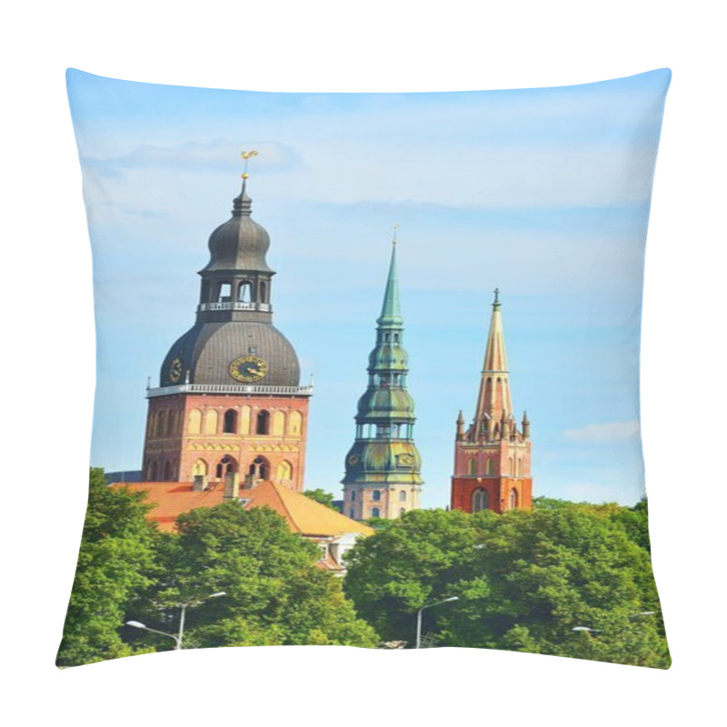 Personality  The Towers And Spires Of Riga Cathedral, St. Peter's Church And St. Saviour's Church Under A Clear Blue Sky, Latvia. Summer Vacations, National Landmark, Culture And Religion, Sightseeing Theme Pillow Covers