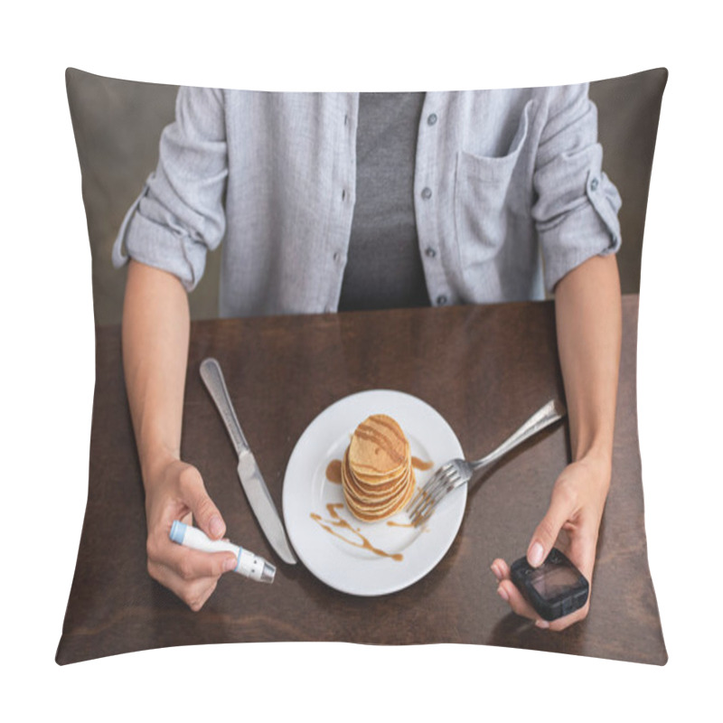 Personality  Overhead View Of Woman Holding Blood Lancet And Glucose Monitor Near Plate With Tasty Pancakes  Pillow Covers