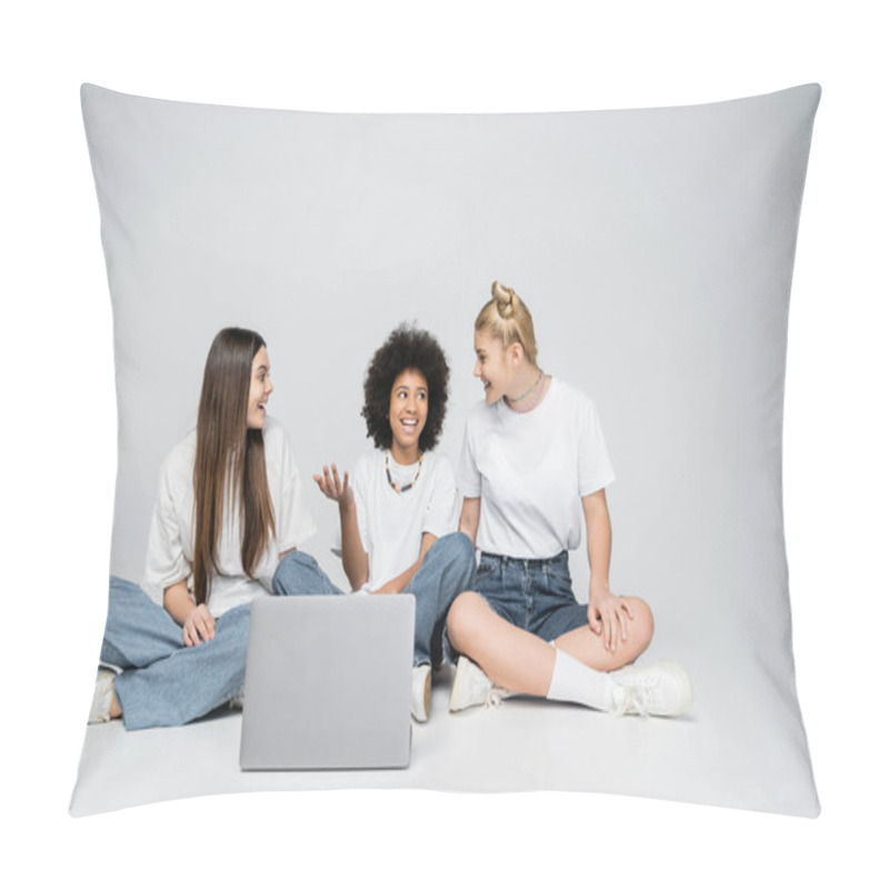 Personality  Cheerful African American Girl In White T-shirt And Jeans Talking To Teenage Girlfriends While Sitting Together Near Laptop On Grey Background, Teenagers Bonding Over Common Interest Pillow Covers