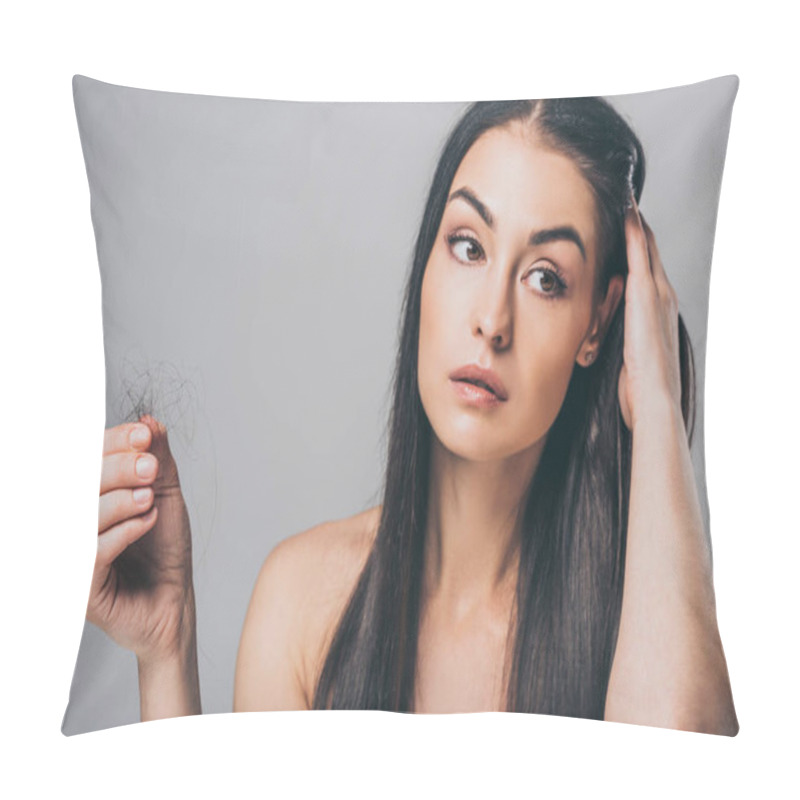 Personality  Young Brunette Woman Holding Fallen Hair And Looking Away Isolated On Grey, Hair Loss Concept  Pillow Covers