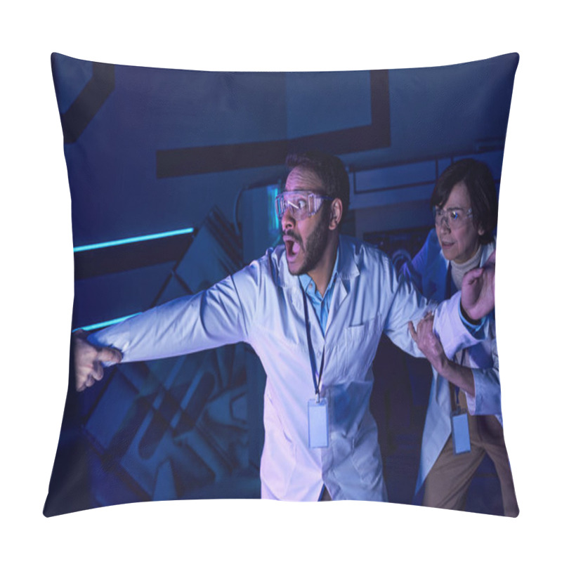 Personality  Exploring Future, Shocked Multiethnic Scientists Near Hand Appearing From Experimental Device Pillow Covers