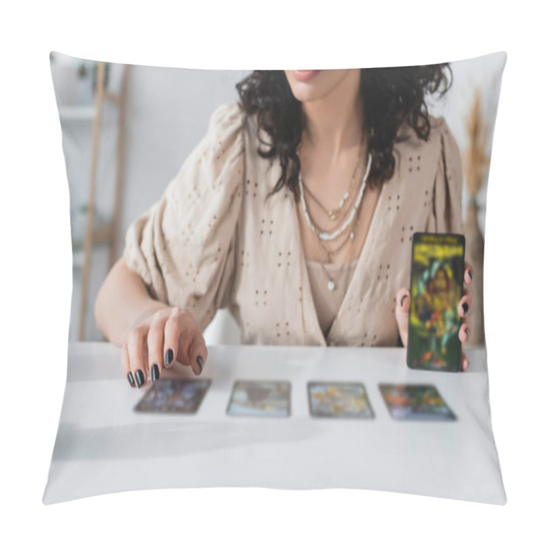 Personality  Cropped View Of Soothsayer Holding Blurred Tarot Cards Near Table  Pillow Covers