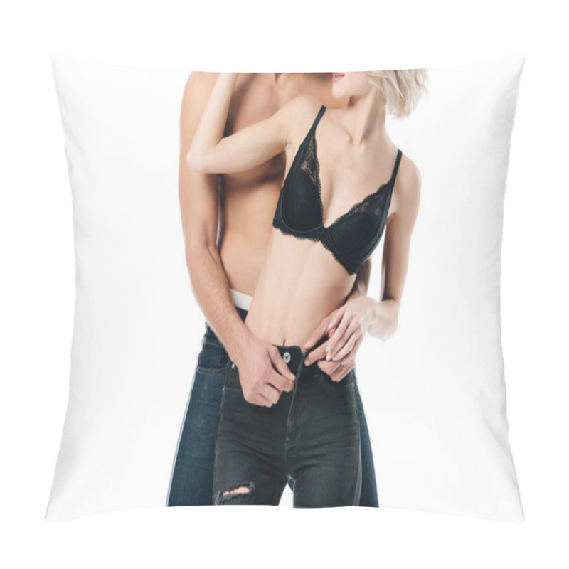 Personality  Partial View Of Shirtless Man Unzipping Jeans Of Woman Isolated On White Pillow Covers