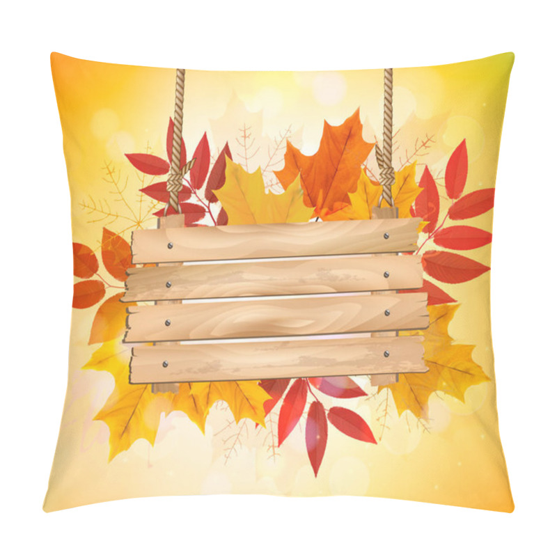 Personality  Autumn Background With Leaves. And Wooden Sign. Vector. Pillow Covers