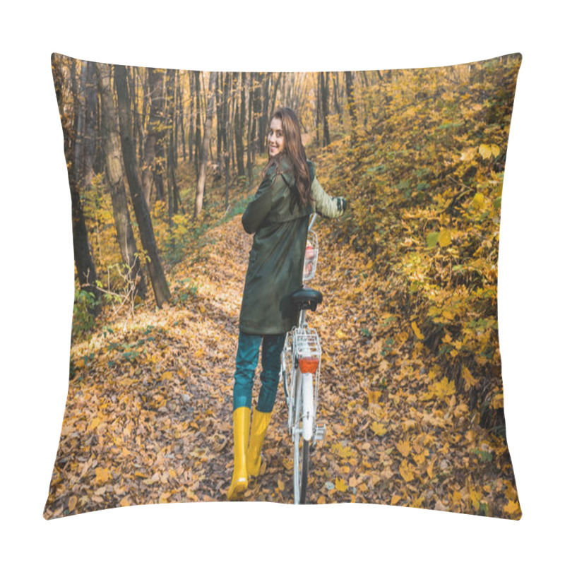 Personality  Happy Young Woman Carrying Bicycle In Yellow Autumnal Forest  Pillow Covers