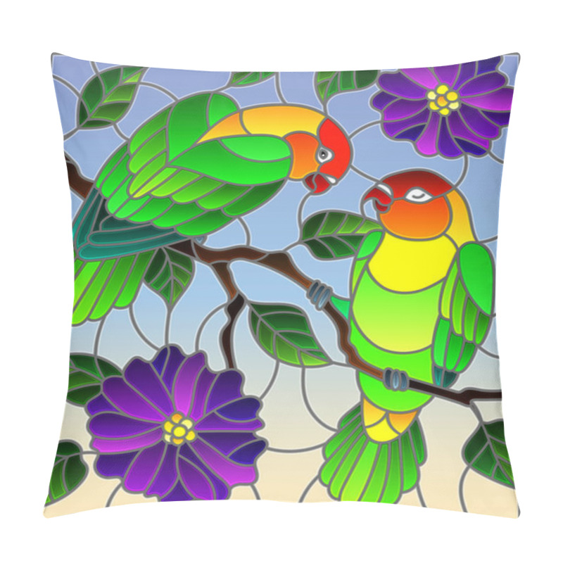 Personality  Illustration In Stained Glass Style  With Pair Of Birds Parrots Lovebirds On Branch  Tree With Purple Flowers Against The Sky Pillow Covers