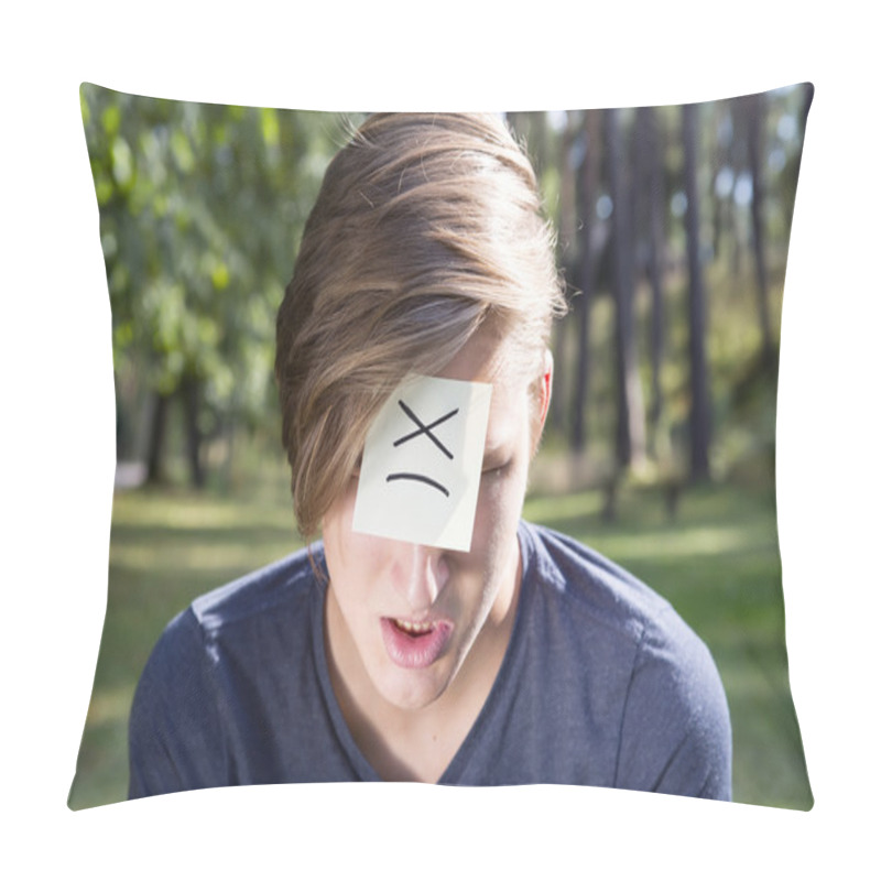 Personality  Angry Boy Is Sitting On Green Grass In Nature. Concept Of Negati Pillow Covers