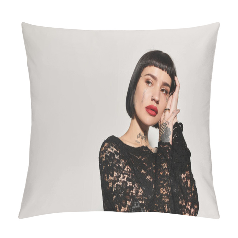 Personality  A Fashionable Young Woman Showcases Her Stunning Tattoos And Bold Style. Pillow Covers