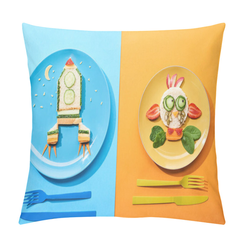 Personality  Top View Of Plates With Fancy Face And Rocket Made Of Food For Childrens Breakfast Near Cutlery On Blue And Orange Background Pillow Covers