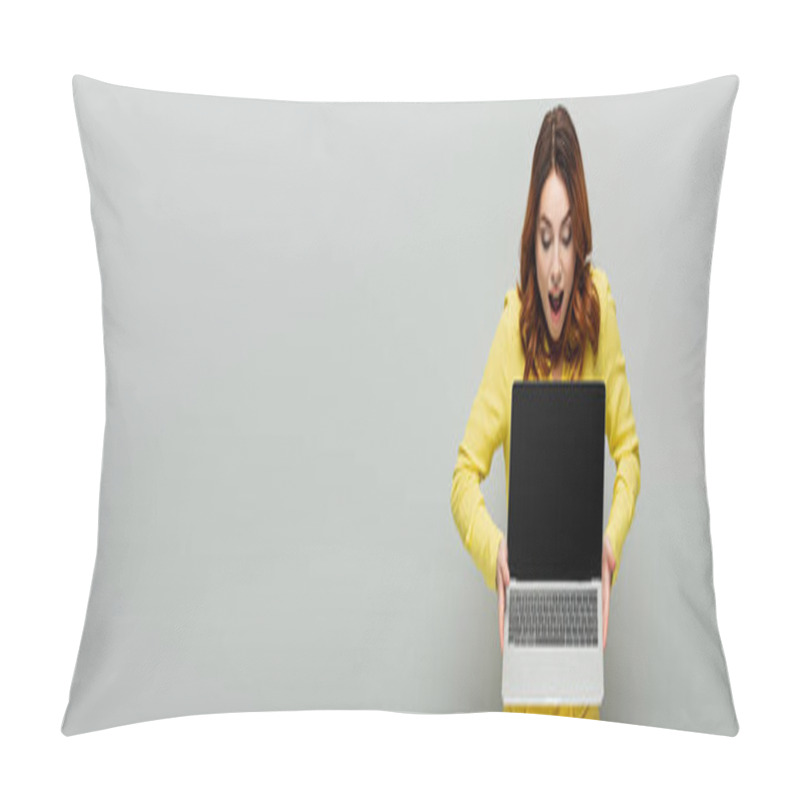 Personality  Joyful Woman Standing With Open Mouth While Holding Laptop With Blank Screen On Grey, Banner Pillow Covers