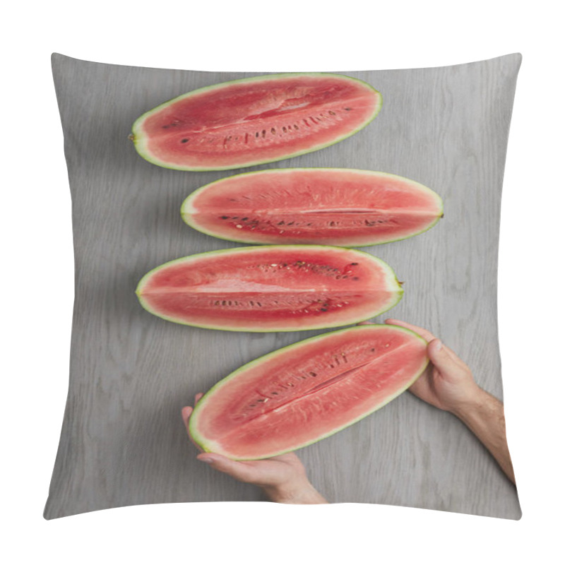 Personality  Partial View Of Male Hands And Fresh Watermelon Slices On Grey Wooden Tabletop Pillow Covers