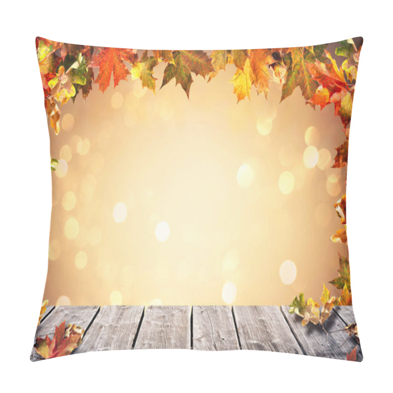 Personality  Autumn Background With Falling Leaves On Wooden Plank Pillow Covers