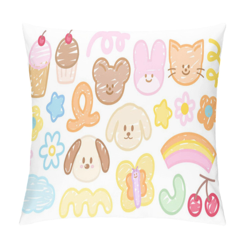 Personality  Vector Illustration Of Pastel Doodles, Kid Colouring Styles Of Cupcake, Teddy Bear, Bunny, Rainbow, Flowers, Cherry, Heart, Puppy, Cat, Cloud, Butterfly And Abstract Doodles For Nature, Garden, Animals, Summer Print, Kid Pattern, Cartoon, Character Pillow Covers