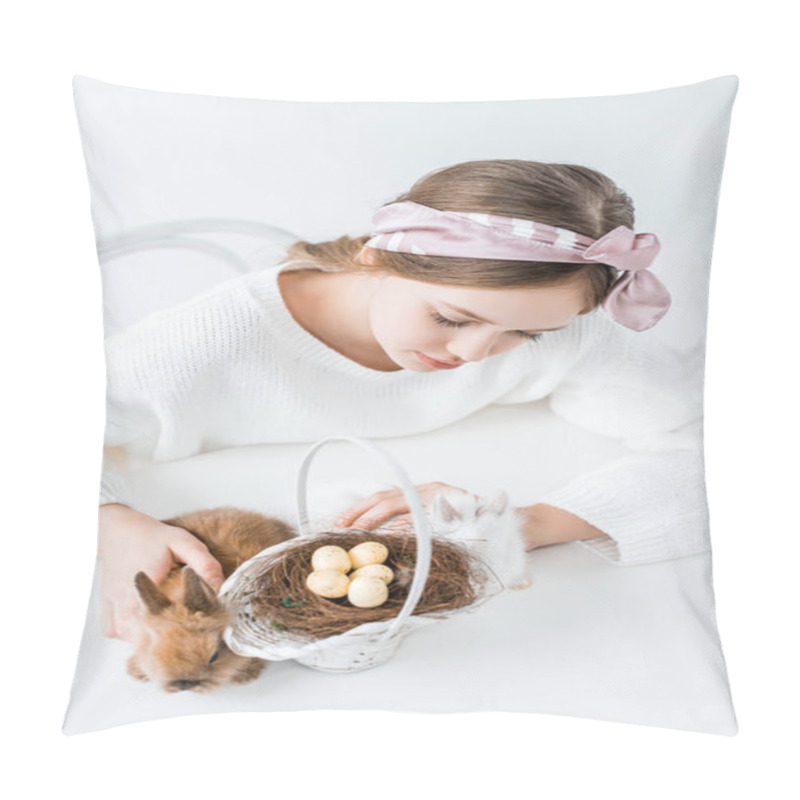 Personality  High Angle View Of Girl Looking At Rabbits And Basket With Easter Eggs In Nest Pillow Covers