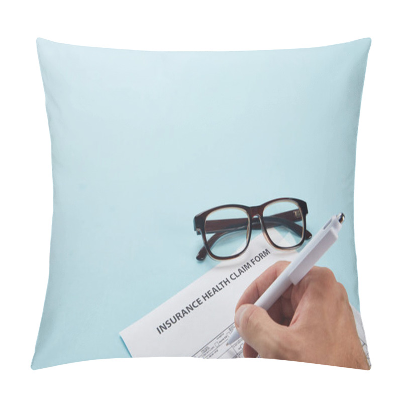 Personality  Cropped Shot Of Person Signing Insurance Health Claim Form On Blue Pillow Covers