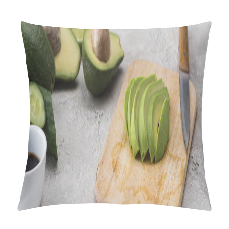 Personality  Panoramic Shot Of Cut Avocado On Cutting Board With Knife Among Raw Ingredients  Pillow Covers