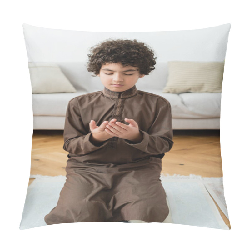 Personality  Curly Arabian Child Praying On Traditional Rug At Home  Pillow Covers