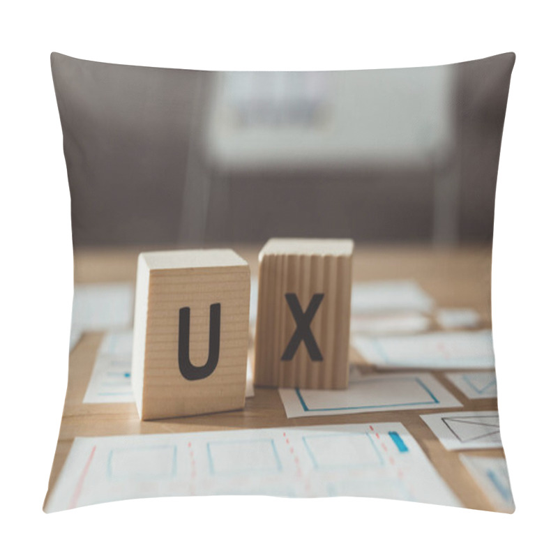 Personality  Selective Focus Of Cubes With Ux Letters And Designer App Sketches On Table Pillow Covers