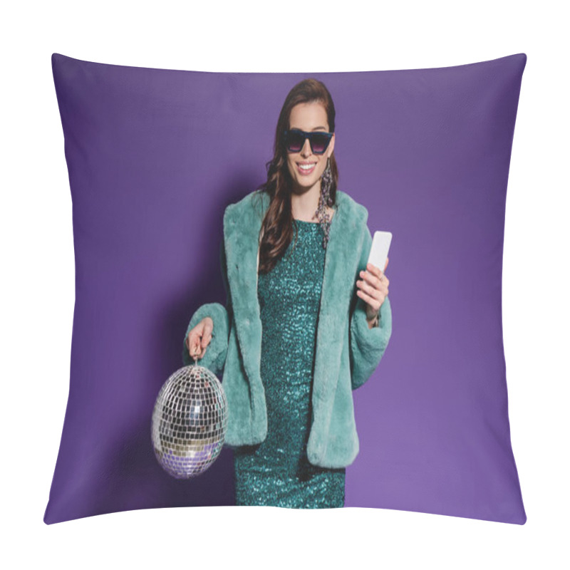 Personality  Cheerful Girl In Sunglasses Holding Smartphone And Disco Ball On Purple  Pillow Covers