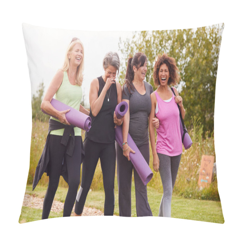 Personality  Group Of Mature Female Friends On Outdoor Yoga Retreat Walking Along Path Through Campsite Pillow Covers