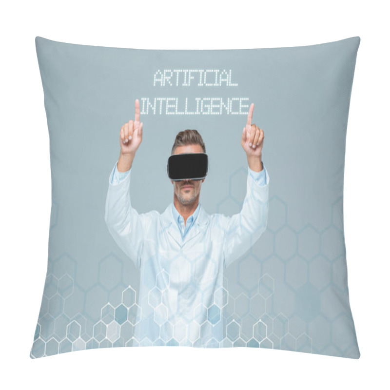 Personality  Scientist In Virtual Reality Headset Touching Artificial Intelligence Lettering With Two Fingers Isolated On Grey Pillow Covers