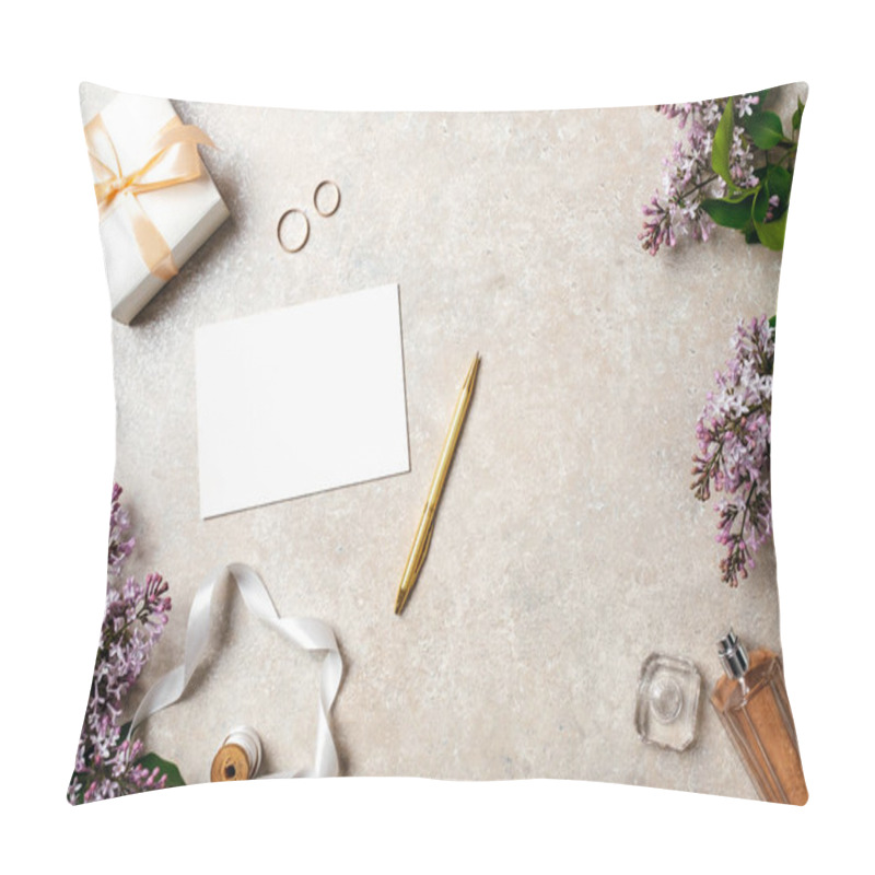 Personality  Feminine Desk With Wedding Accessories, Blank Paper Card, Golden Pen, Perfume Bottle, Ribbon, Rings And Spring Lilac Flowers. Wedding Concept, Invitation Card Mock Up, Flat Lay, Top View. Pillow Covers