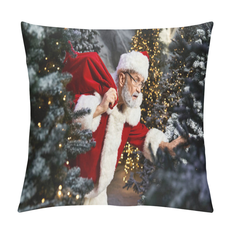 Personality  Amidst Beautifully Decorated Trees, Santa Claus Quietly Arranges Holiday Gifts For Children. Pillow Covers