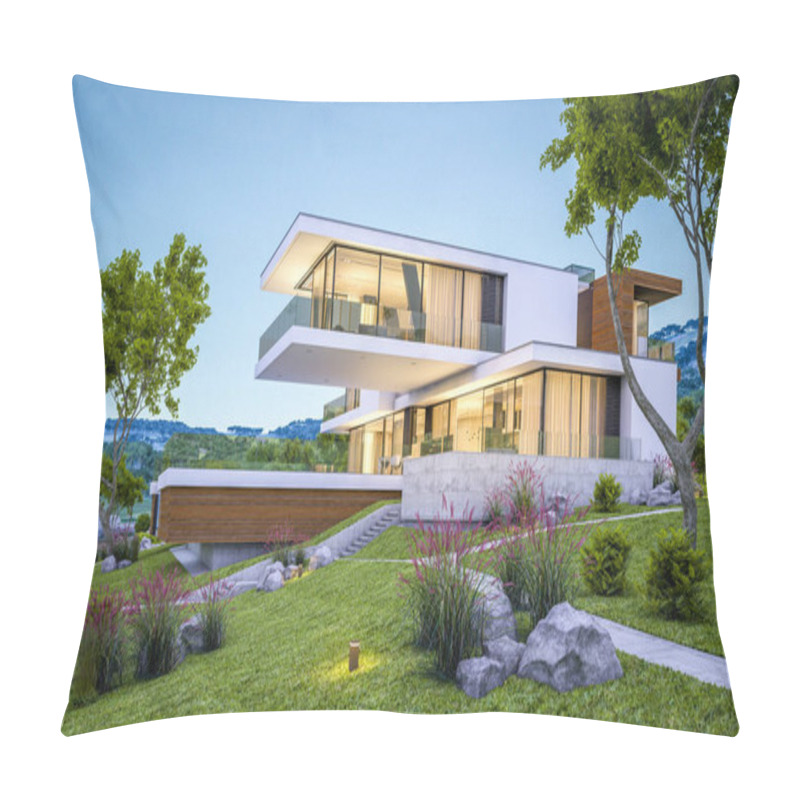 Personality  3d Rendering Of Modern Cozy House By The River With Garage For Sale Or Rent With Beautiful Mountains On Background. Clear Summer Evening With Blue Sky. Cozy Warm Light From Window. Pillow Covers